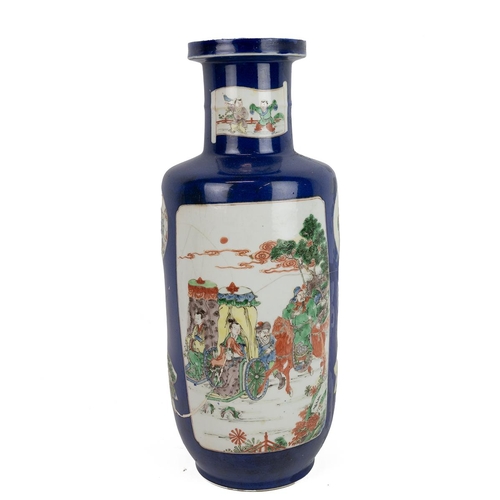 55 - A LARGE CHINESE FAMILLE VERTE VASE, QING DYNASTYFigures painted in various size panels on deep blue ... 