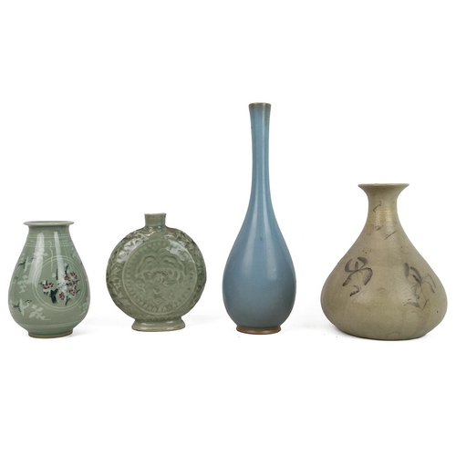 58 - A COLLECTION OF FOUR ORIENTAL VASES, VIOUSE PERIODSOf moonflask form, the celadon vase moulded with ... 