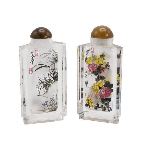 191 - A PAIR OF CHINESE GLASS SNUFF BOTTLES REVERSE PAINTED ON THE INSIDE, 20TH CENTURYEach of semi-circul... 