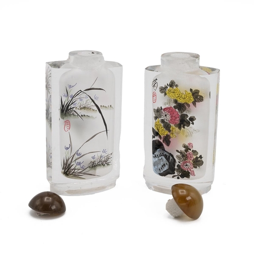 191 - A PAIR OF CHINESE GLASS SNUFF BOTTLES REVERSE PAINTED ON THE INSIDE, 20TH CENTURYEach of semi-circul... 