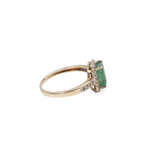 1 - 9ct gold and emerald ring, the central emerald cut stone surrounded with a halo of diamonds to the o... 