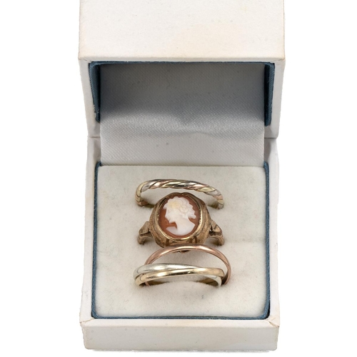 13 - 9ct gold trilogy ring, 9ct gold cameo set ring, 6.54 grams, and a yellow and white metal wedding ban... 