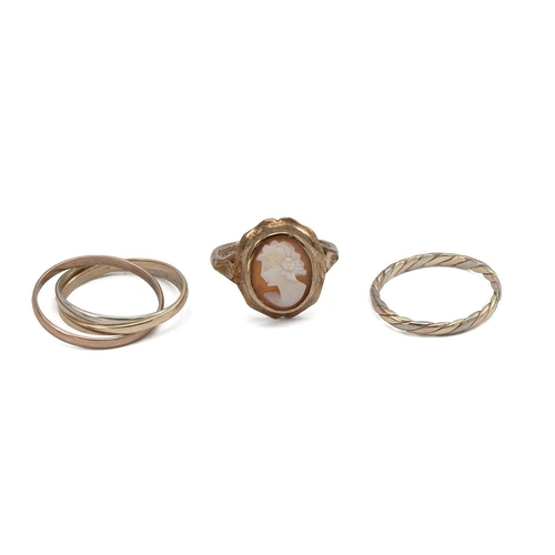 13 - 9ct gold trilogy ring, 9ct gold cameo set ring, 6.54 grams, and a yellow and white metal wedding ban... 