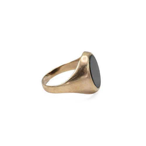 20 - 9ct gold and bloodstone signet ring, with oval set stone, marks worn, finger size S, 5.94 grams.