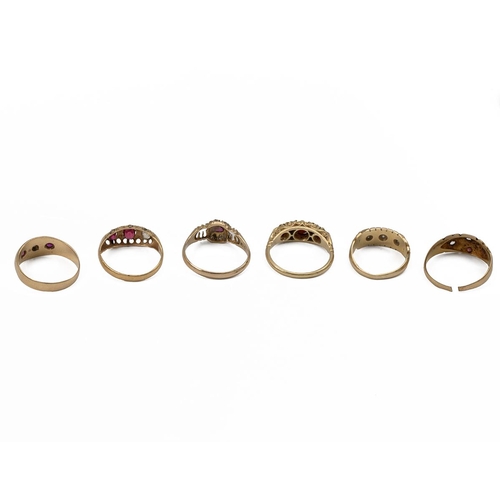 28 - Three gem-set 18ct gold rings and 18ct gold stud, 10.25 grams, along with two Victorian unmarked gol... 