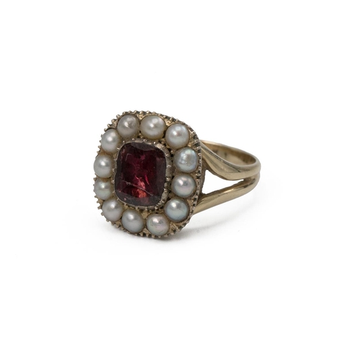 37 - 19th Century gold garnet and split pearl ring,  possibly converted from a brooch, tested as 14ct gol... 