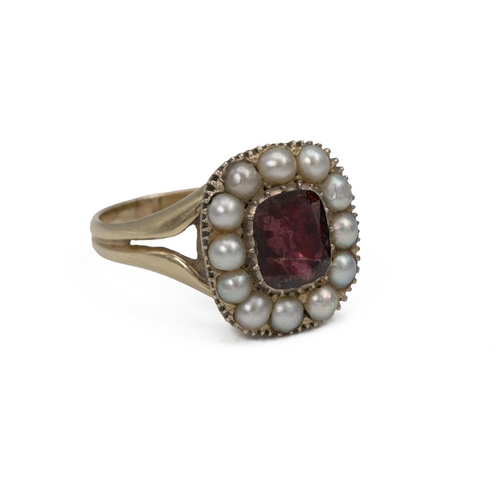 37 - 19th Century gold garnet and split pearl ring,  possibly converted from a brooch, tested as 14ct gol... 