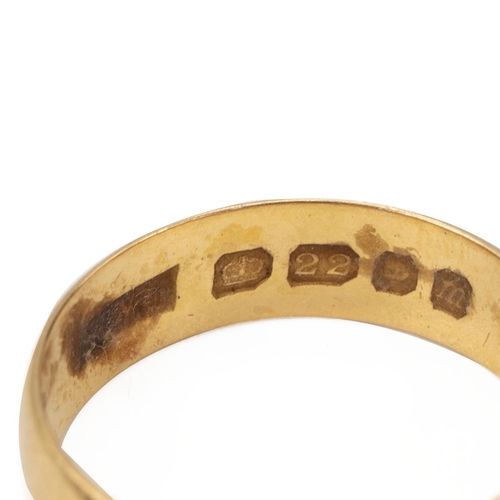 47 - 22ct gold wedding band, 3.38 grams, along with an unmarked wedding band, tested as 9ct, 2.52 grams.