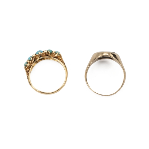 52 - 18ct gold, turquoise and diamond ring, set with five cabochon cut turquoise, in claw setting and scr... 