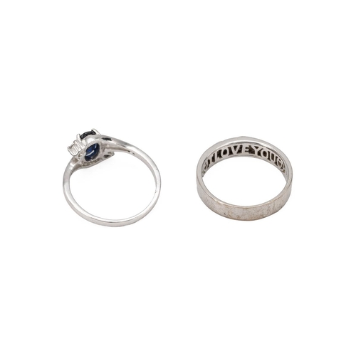 53 - Two 9ct white gold rings, both hallmarked, wedding band set with four diamonds in a diagonal setting... 