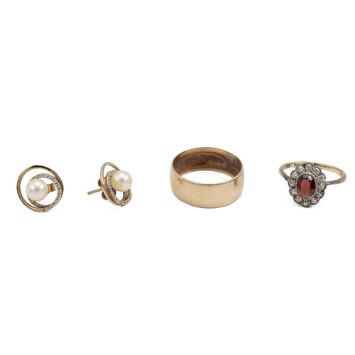 66 - 9ct gold wedding band, along with a gem set ring, stamped '9ct' and a pair of stud earrings stamped ... 