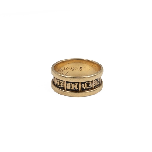 81 - 18ct Victorian gold ring with characters and letters to the band, with internal inscription, dated J... 