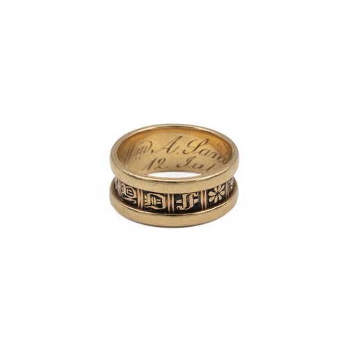 81 - 18ct Victorian gold ring with characters and letters to the band, with internal inscription, dated J... 