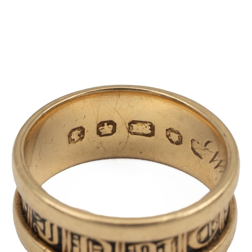 81 - 18ct Victorian gold ring with characters and letters to the band, with internal inscription, dated J... 