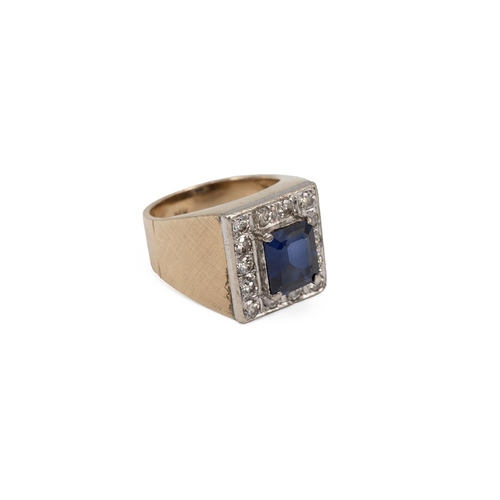 85 - 14k hallmarked sapphire and diamond ring, the central square cut sapphire measuring 8mm x 9mm, surro... 