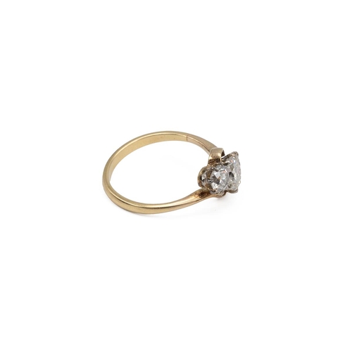 87 - 18ct gold three stone diamond ring, the central princess cut diamond, approx 0.5 carats, flanked by ... 