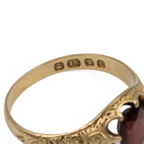 91 - 18ct gold and garnet set ring, the garnet measuring 8mm x 9mm, mounted in an eight claw setting with... 