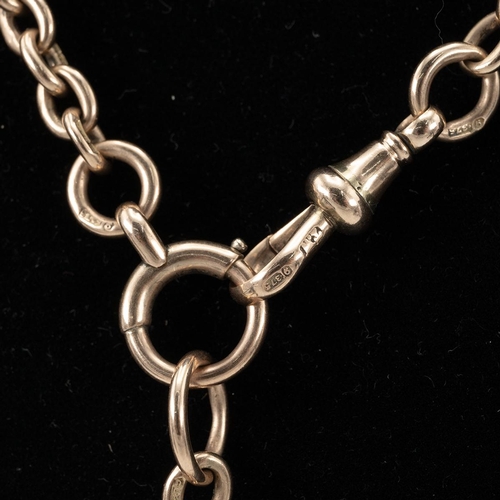 106 - 9ct gold Albert chain hallmarked to the T-bar and links, 35 grams.