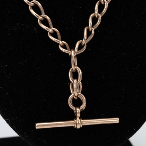 107 - 9ct gold Albert chain hallmarked to the T-bar and chain, 28.7 grams.