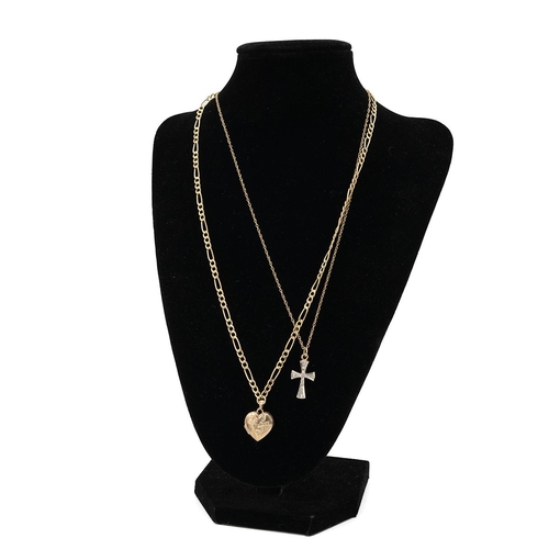 110 - Two gold necklaces, one hallmarked 9ct with heart shaped locket, 2.8 grams and a 9ct gold crucifix s... 