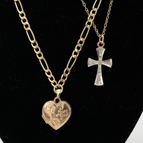 110 - Two gold necklaces, one hallmarked 9ct with heart shaped locket, 2.8 grams and a 9ct gold crucifix s... 