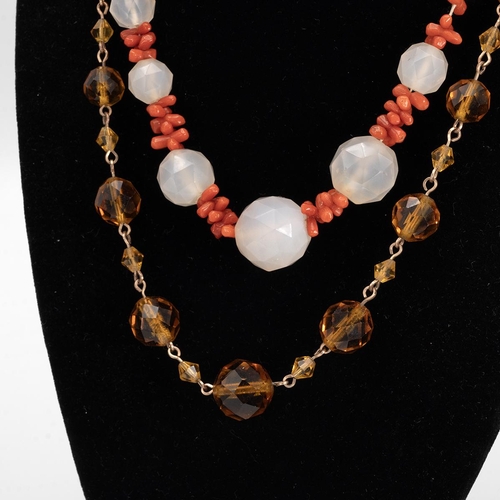 116 - Vintage necklaces including a vaseline glass and coral necklace, amber glass etc.