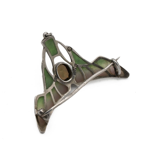 120 - Heinrich Levinger, Jugendstil silver and plique-a-jour enamel pendant, of stylised wing form set wit... 