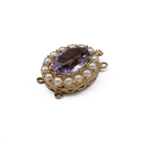 122 - Victorian style 9ct gold, pearl and amethyst set pendant, with four hanging loops and a detachable c... 