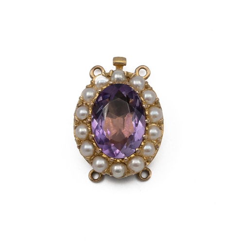 122 - Victorian style 9ct gold, pearl and amethyst set pendant, with four hanging loops and a detachable c... 