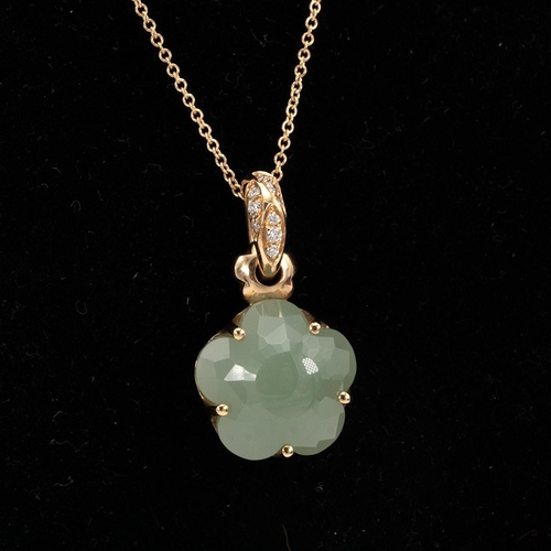 127 - Pasquale Bruni - yellow metal, diamond and jade pendant, the flower-shaped jade carving in a five-cl... 