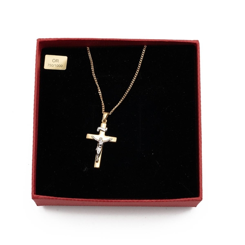 129 - Yellow metal necklace and cross pendant, marked '750', tested as 18ct, 5.69 grams, boxed.