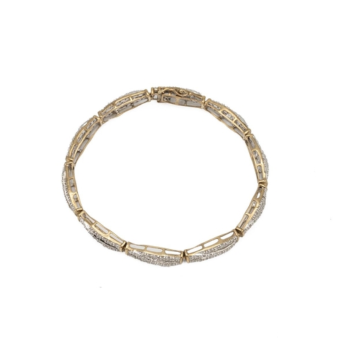 134 - 9ct gold and pave set diamond panel bracelet, set with baguette and round brilliant cut diamonds thr... 