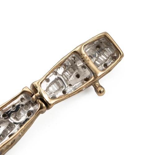 134 - 9ct gold and pave set diamond panel bracelet, set with baguette and round brilliant cut diamonds thr... 