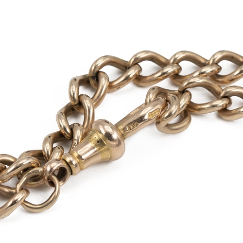 136 - Unmarked yellow metal watch chain tested as 9 ct, with a 15 ct gold clip, 16.74 grams gross