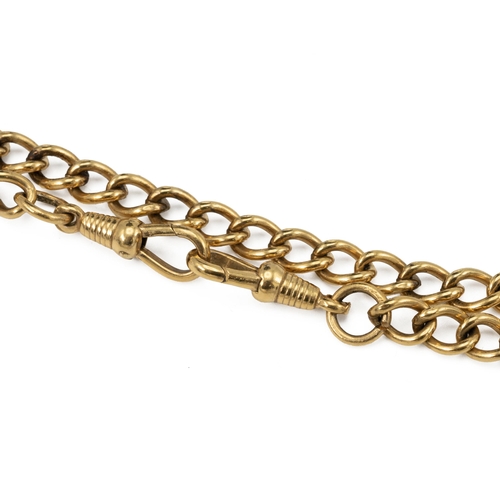 137 - Yellow metal curb link watch chain and T-bar, unmarked, tested as 9ct, 17.4 grams.