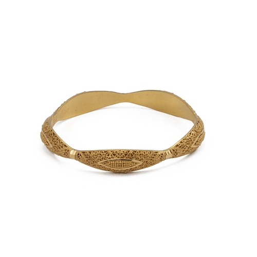 140 - Yellow metal open work pierced bangle of curved outline with repeating lozenge motifs, marked '22ct'... 