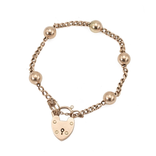 143 - 9ct gold bracelet with bead links, padlock with safety chain hallmarked 9ct, weight 10.2g.