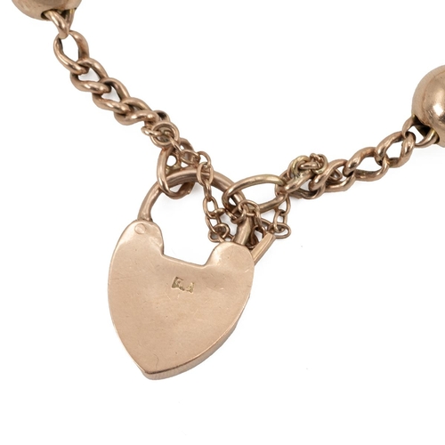 143 - 9ct gold bracelet with bead links, padlock with safety chain hallmarked 9ct, weight 10.2g.