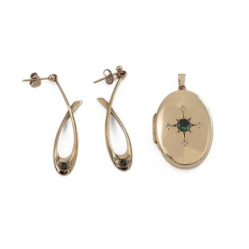 163 - 9ct gold oval locket, along with a pair of 9ct earrings, 13 grams.