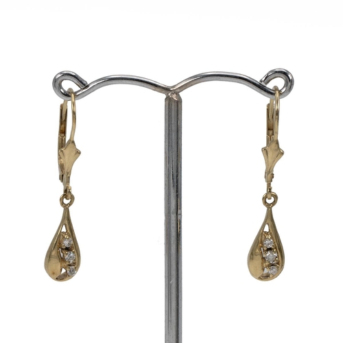 165 - Pair of 9ct and diamond drop earrings, each earring set with three brilliant cut diamonds.