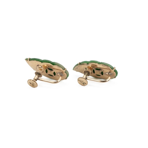 167 - Pair of Chinese jade screw-back earrings, each carved in the form of a leaf, stamped 14k to the back... 