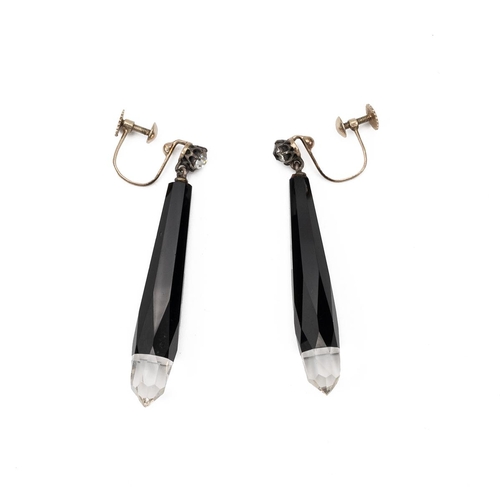 168 - Pair of Art Deco crystal drop earrings in original tooled leather fitted case, with 9ct hallmarked s... 