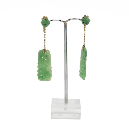 169 - Pair of Chinese Jade drop earrings with 9ct gold tested screw clasps the carved drops linked by a ch... 