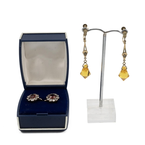 171 - Art Deco Amber glass drop earrings with screw clasps and a pair of faux ruby and paste earrings.