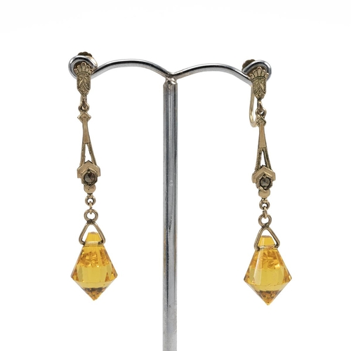 171 - Art Deco Amber glass drop earrings with screw clasps and a pair of faux ruby and paste earrings.