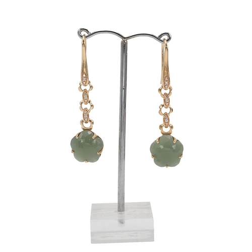 172 - Pasquale Bruni, a pair of yellow metal, diamond, and jade set drop earrings, the flower-shaped jade ... 