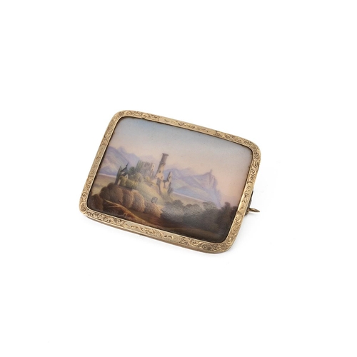 178 - 19th-century yellow metal mounted brooch, the ceramic panel with a hand-painted scene of Godesberg c... 