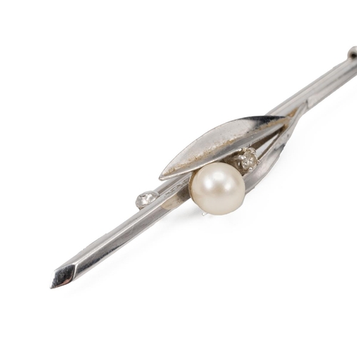 182 - 18ct hallmarked white gold pearl and diamond brooch in the form of leaves weight 4.2 grams.