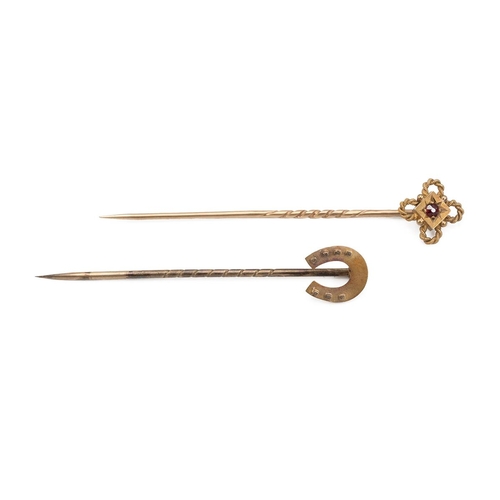 188 - Two 15ct gold hallmarked stick pins, one in the form of a horseshoe and the other set with a ruby, b... 