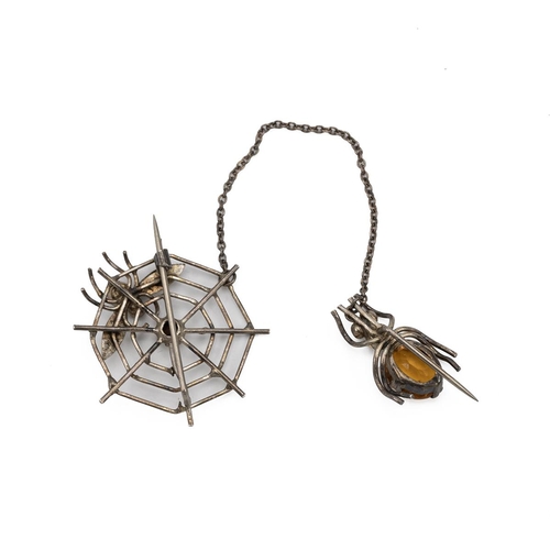 189 - Vintage spider web and spider brooch with a trapped fly on the web and a chain with attached spider ... 